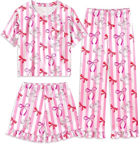 Sylfairy Girls 3 Piece Pajamas Silk PJS Set Satin Ruffle Sleepwear Short Sleeve Jammies for Kids Nightwear Loungewear in Kuwait