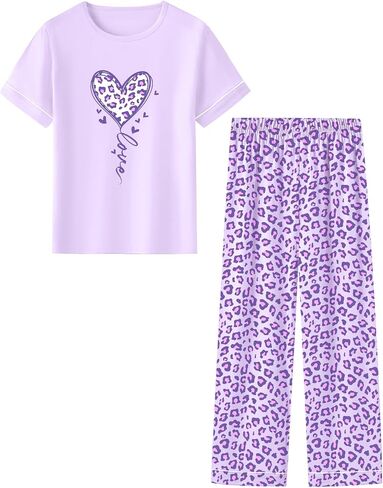 Umeyda Girls Pajamas 2PCS Short Sleeve Top & Pants 100% Cotton Pjs Sets Loungewear for Kids Age 5-14 Years in Saudi Arabia