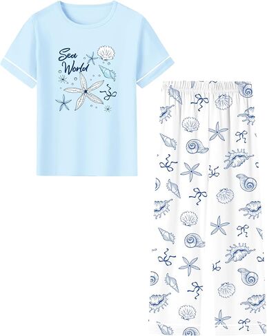 Umeyda Girls Pajamas 2PCS Short Sleeve Top & Pants 100% Cotton Pjs Sets Loungewear for Kids Age 5-14 Years in Saudi Arabia