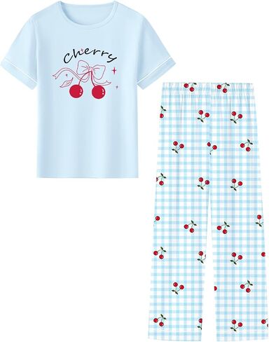 Umeyda Girls Pajamas 2PCS Short Sleeve Top & Pants 100% Cotton Pjs Sets Loungewear for Kids Age 5-14 Years in Saudi Arabia