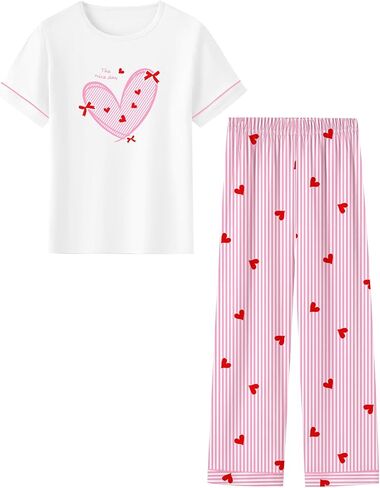 Umeyda Girls Pajamas 2PCS Short Sleeve Top & Pants 100% Cotton Pjs Sets Loungewear for Kids Age 5-14 Years in Saudi Arabia
