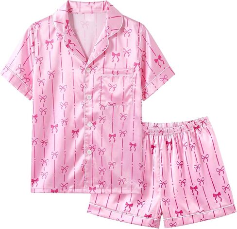FIOBEE Girls Satin Pajamas Set Short Sleeve Button Down Sleepwear Silky Soft Two Piece Pjs Clothing for Kids Teens 8-14 Years in Kuwait