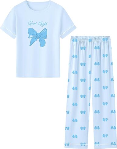 Umeyda Girls Pajamas 2PCS Short Sleeve Top & Pants 100% Cotton Pjs Sets Loungewear for Kids Age 5-14 Years in Saudi Arabia