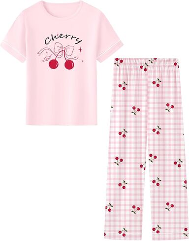 Umeyda Girls Pajamas 2PCS Short Sleeve Top & Pants 100% Cotton Pjs Sets Loungewear for Kids Age 5-14 Years in Saudi Arabia