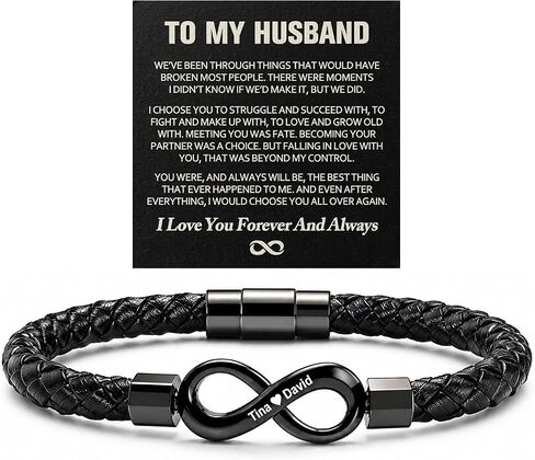 To My Husband Infinity Bracelet, Personalized Custom Dual Name Infinity Leather Bracelet for Men, Stainless Steel Customized Name Bracelets Gift for Fathers Day Anniversary Birthday in Kuwait