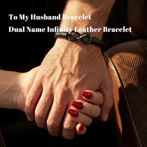 To My Husband Infinity Bracelet, Personalized Custom Dual Name Infinity Leather Bracelet for Men, Stainless Steel Customized Name Bracelets Gift for Fathers Day Anniversary Birthday in Kuwait