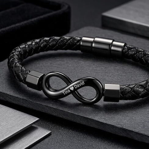 To My Husband Infinity Bracelet, Personalized Custom Dual Name Infinity Leather Bracelet for Men, Stainless Steel Customized Name Bracelets Gift for Fathers Day Anniversary Birthday in Kuwait