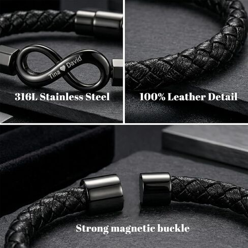 To My Husband Infinity Bracelet, Personalized Custom Dual Name Infinity Leather Bracelet for Men, Stainless Steel Customized Name Bracelets Gift for Fathers Day Anniversary Birthday in Kuwait