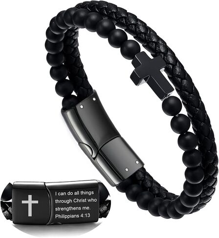 Mens Bracelet Fathers Gifts Day Black Braided Leather Stainless Steel Cross Jewelry Charming Bracelet Embedded with Black Agate Beads,Perfect for Wedding, Parties, and Everyday,Bible Verse Christian Religious Gift(7.5/8.5/9 Inch) in Kuwait