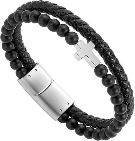 Mens Bracelet Fathers Gifts Day Black Braided Leather Stainless Steel Cross Jewelry Charming Bracelet Embedded with Black Agate Beads,Perfect for Wedding, Parties, and Everyday,Bible Verse Christian Religious Gift(7.5/8.5/9 Inch) in Kuwait