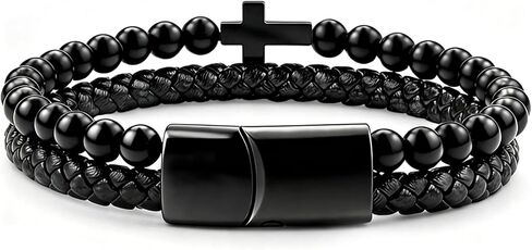 Mens Bracelet Fathers Gifts Day Black Braided Leather Stainless Steel Cross Jewelry Charming Bracelet Embedded with Black Agate Beads,Perfect for Wedding, Parties, and Everyday,Bible Verse Christian Religious Gift(7.5/8.5/9 Inch) in Kuwait