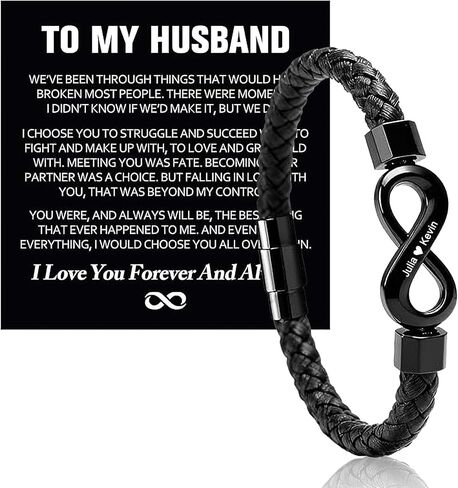 To My Husband Infinity Bracelet,Dual Name Infinity Leather Bracelet,Personalized Custom Name Stainless Steel Bracelet Holiday Birthday Gift for Him(8.3Inches) in Kuwait