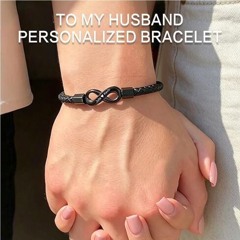 To My Husband Infinity Bracelet,Dual Name Infinity Leather Bracelet,Personalized Custom Name Stainless Steel Bracelet Holiday Birthday Gift for Him(8.3Inches) in Kuwait