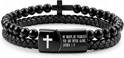 Mens Bracelet Fathers Gifts Day Black Braided Leather Stainless Steel Cross Jewelry Charming Bracelet Embedded with Black Agate Beads,Perfect for Wedding, Parties, and Everyday,Bible Verse Christian Religious Gift(7.5/8.5/9 Inch) in Kuwait