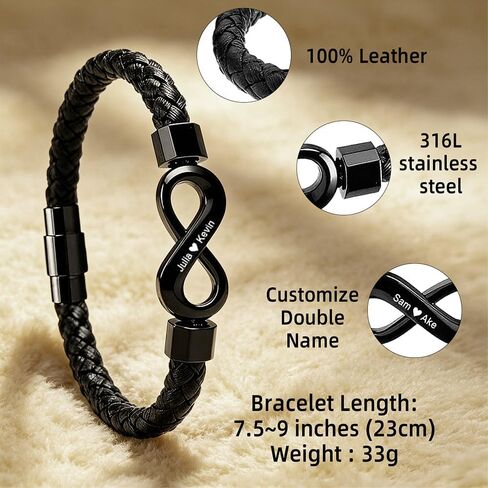 To My Husband Infinity Bracelet,Dual Name Infinity Leather Bracelet,Personalized Custom Name Stainless Steel Bracelet Holiday Birthday Gift for Him(8.3Inches) in Kuwait
