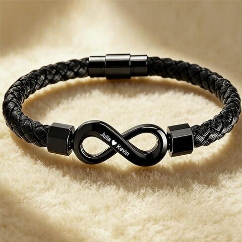 To My Husband Infinity Bracelet,Dual Name Infinity Leather Bracelet,Personalized Custom Name Stainless Steel Bracelet Holiday Birthday Gift for Him(8.3Inches) in Kuwait