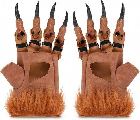 LUOZZY Halloween Dragon Claws Gloves Plush Half Finger Monster Paw Mittens with Long Nails for Cosplay Masquerade Carnival Party Stage Performance Props Novelty Gift for Kids Adults Brown in Kuwait
