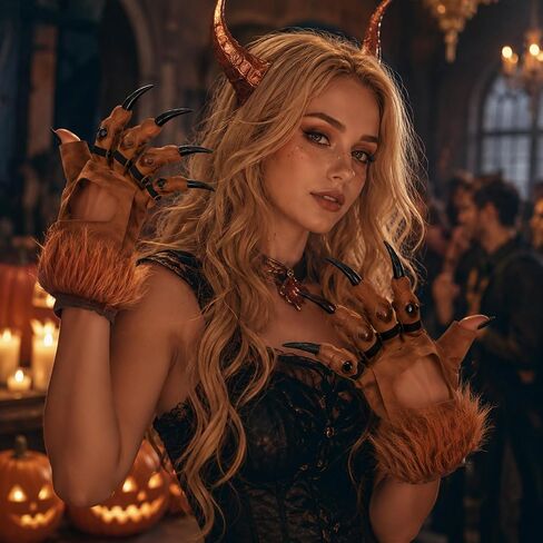 LUOZZY Halloween Dragon Claws Gloves Plush Half Finger Monster Paw Mittens with Long Nails for Cosplay Masquerade Carnival Party Stage Performance Props Novelty Gift for Kids Adults Brown in Kuwait