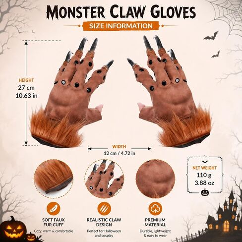 LUOZZY Halloween Dragon Claws Gloves Plush Half Finger Monster Paw Mittens with Long Nails for Cosplay Masquerade Carnival Party Stage Performance Props Novelty Gift for Kids Adults Brown in Kuwait