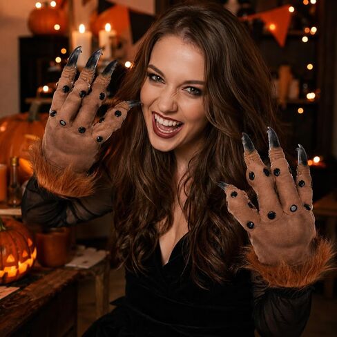 LUOZZY Halloween Dragon Claws Gloves Plush Half Finger Monster Paw Mittens with Long Nails for Cosplay Masquerade Carnival Party Stage Performance Props Novelty Gift for Kids Adults Brown in Kuwait