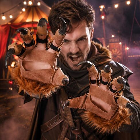 LUOZZY Halloween Dragon Claws Gloves Plush Half Finger Monster Paw Mittens with Long Nails for Cosplay Masquerade Carnival Party Stage Performance Props Novelty Gift for Kids Adults Brown in Kuwait
