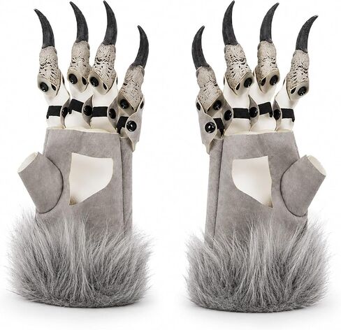 LUOZZY Halloween Grey Dragon Claws Gloves Plush Half Finger Monster Paw Mittens with Long Nails for Cosplay Masquerade Carnival Party Dress Up Stage Performance Props Novelty Gift for Kids Adults in Kuwait