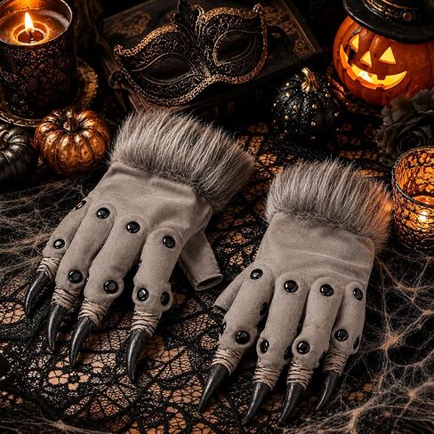 LUOZZY Halloween Grey Dragon Claws Gloves Plush Half Finger Monster Paw Mittens with Long Nails for Cosplay Masquerade Carnival Party Dress Up Stage Performance Props Novelty Gift for Kids Adults in Kuwait