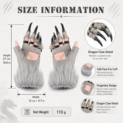 LUOZZY Halloween Grey Dragon Claws Gloves Plush Half Finger Monster Paw Mittens with Long Nails for Cosplay Masquerade Carnival Party Dress Up Stage Performance Props Novelty Gift for Kids Adults in Kuwait
