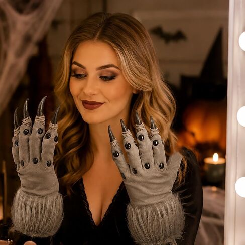 LUOZZY Halloween Grey Dragon Claws Gloves Plush Half Finger Monster Paw Mittens with Long Nails for Cosplay Masquerade Carnival Party Dress Up Stage Performance Props Novelty Gift for Kids Adults in Kuwait