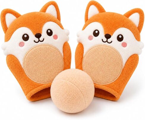 Juju Fox Face Catch Mitts Set – Pair of Soft Hook-and-Loop Mitts with Cream Catch Ball – Easy-Catch Design for Indoor and Outdoor Tossing – Cozy Velour Fabric with Embroidered Fox Faces in Kuwait