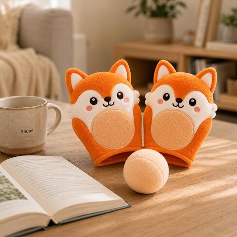 Juju Fox Face Catch Mitts Set – Pair of Soft Hook-and-Loop Mitts with Cream Catch Ball – Easy-Catch Design for Indoor and Outdoor Tossing – Cozy Velour Fabric with Embroidered Fox Faces in Kuwait
