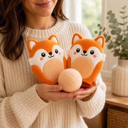 Juju Fox Face Catch Mitts Set – Pair of Soft Hook-and-Loop Mitts with Cream Catch Ball – Easy-Catch Design for Indoor and Outdoor Tossing – Cozy Velour Fabric with Embroidered Fox Faces in Kuwait