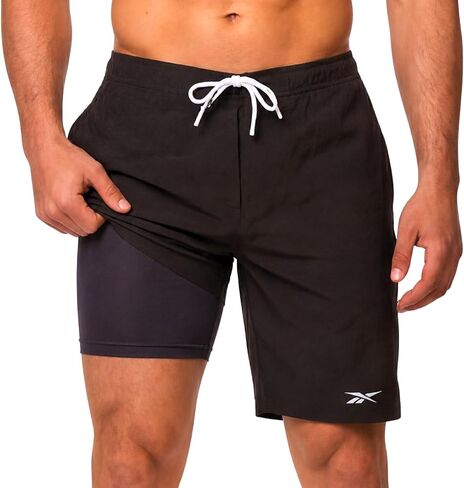 Reebok Men 9" Swim Trunks with Compression Liner - 2 in 1 Quick Dry Boardshorts Beach Shorts, Bathing Suit Shorts in Kuwait