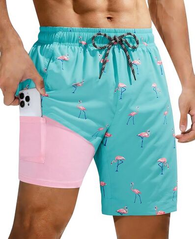Cozople Mens Swimming Trunks with Compression Liner Swim Shorts 7 inch Quick Dry Bathing Suit Anti Chafe Boardshorts in Kuwait