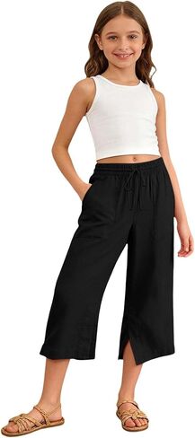Girls Linen Capri Pants Wide Leg Cozy Elastic Waist Flowy Casual Pants Summer Beach Cropped Trousers with Pockets in Kuwait