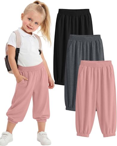 3 Pcs Toddler Girls' Capris Sweatpants Kids Elastic Waist Joggers Baby Casual Pull On Pants with Pockets in Kuwait