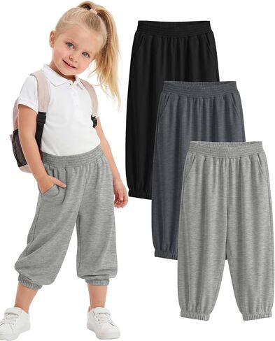 3 Pcs Toddler Girls' Capris Sweatpants Kids Elastic Waist Joggers Baby Casual Pull On Pants with Pockets in Kuwait