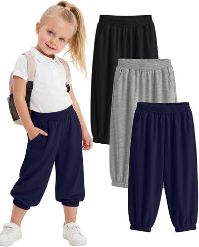 3 Pcs Toddler Girls' Capris Sweatpants Kids Elastic Waist Joggers Baby Casual Pull On Pants with Pockets in Kuwait