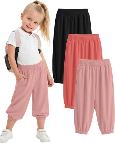 3 Pcs Toddler Girls' Capris Sweatpants Kids Elastic Waist Joggers Baby Casual Pull On Pants with Pockets in Kuwait