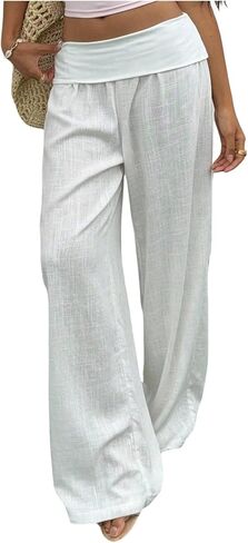 Verdusa Girl's Linen Pants Wide Leg Fold Over Pants Casual Trousers Resort Travel Outfits in Kuwait