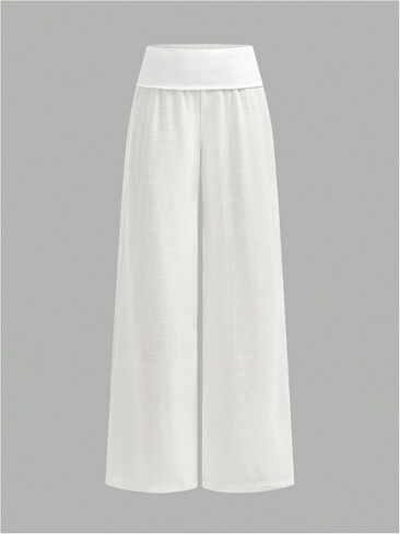 Verdusa Girl's Linen Pants Wide Leg Fold Over Pants Casual Trousers Resort Travel Outfits in Kuwait