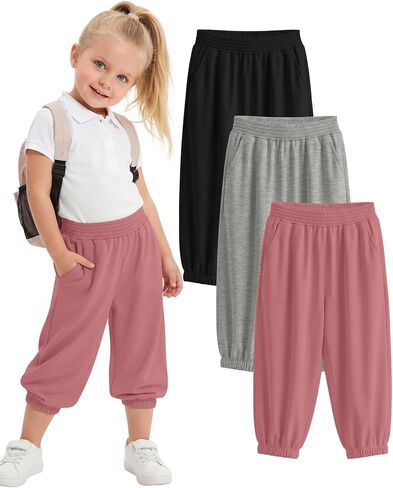 3 Pcs Toddler Girls' Capris Sweatpants Kids Elastic Waist Joggers Baby Casual Pull On Pants with Pockets in Kuwait