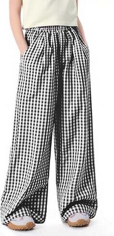 Girls Gingham Pants Kids Casual Elastic High Waist Plaid Trousers with Pockets 5-14 Years in Kuwait