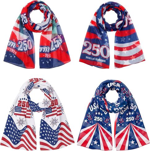 Hercicy 4 Pcs 250th Anniversary Patriotic Scarf for Women Men America 1776-2026 USA Red White and Blue 250th Scarves Flag Shawl for 4th of July Independence Day Head Wrap Favor in Saudi Arabia
