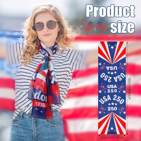 Hercicy 4 Pcs 250th Anniversary Patriotic Scarf for Women Men America 1776-2026 USA Red White and Blue 250th Scarves Flag Shawl for 4th of July Independence Day Head Wrap Favor in Saudi Arabia