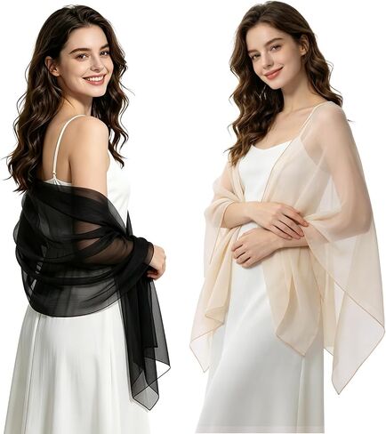 BSRGMS 2pcs Women's Chiffon Shawls and Wraps for Evening Dresses, Shawl Wraps for Women, Wedding Bridal Scarf（Black/Light Champagne） in Saudi Arabia
