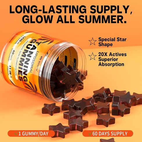 Tanning Gummies, Liposomal Self Tan Gummy for Women with Beta Carotene Astaxanthin Lycopene Vitamins, Sunless Tan Accelerator Chew, Work Fast without Sun, UV Defense & Antioxidant Support, 60 Servings in Saudi Arabia