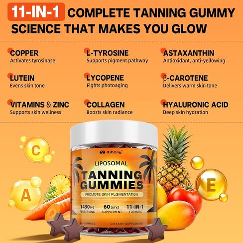 Tanning Gummies, Liposomal Self Tan Gummy for Women with Beta Carotene Astaxanthin Lycopene Vitamins, Sunless Tan Accelerator Chew, Work Fast without Sun, UV Defense & Antioxidant Support, 60 Servings in Saudi Arabia