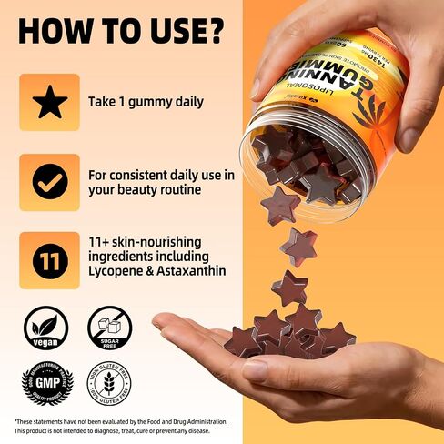 Tanning Gummies, Liposomal Self Tan Gummy for Women with Beta Carotene Astaxanthin Lycopene Vitamins, Sunless Tan Accelerator Chew, Work Fast without Sun, UV Defense & Antioxidant Support, 60 Servings in Saudi Arabia