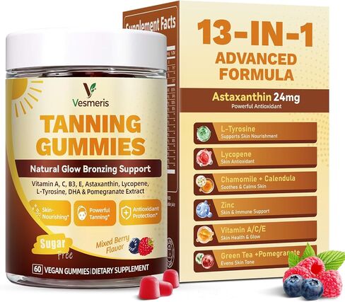 Tanning Gummies for Women & Men with Astaxanthin 24mg, Sunless Tanning Supplement with Beta Carotene, Vitamins, L-Tyrosine for Natural Glow, Skin Health, Antioxidant, Self Tanner, Vegan & Sugar Free in Kuwait